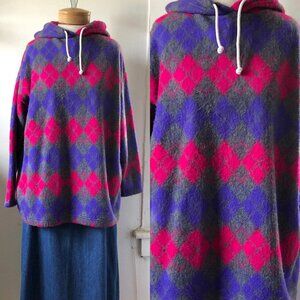 Vintage 80s Hooded Sweater - Pink, Grey, Purple Geometric Pattern - One Size